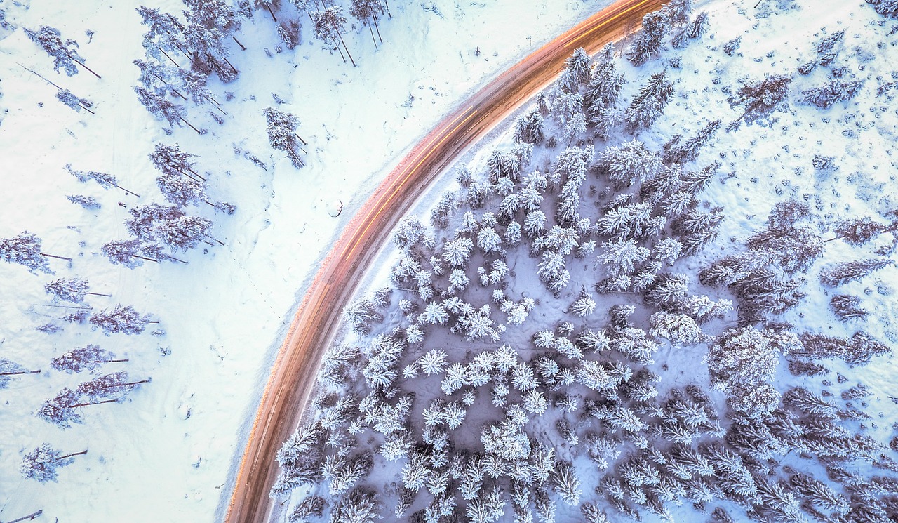 Luftaufnahme Straße durch Winterwald