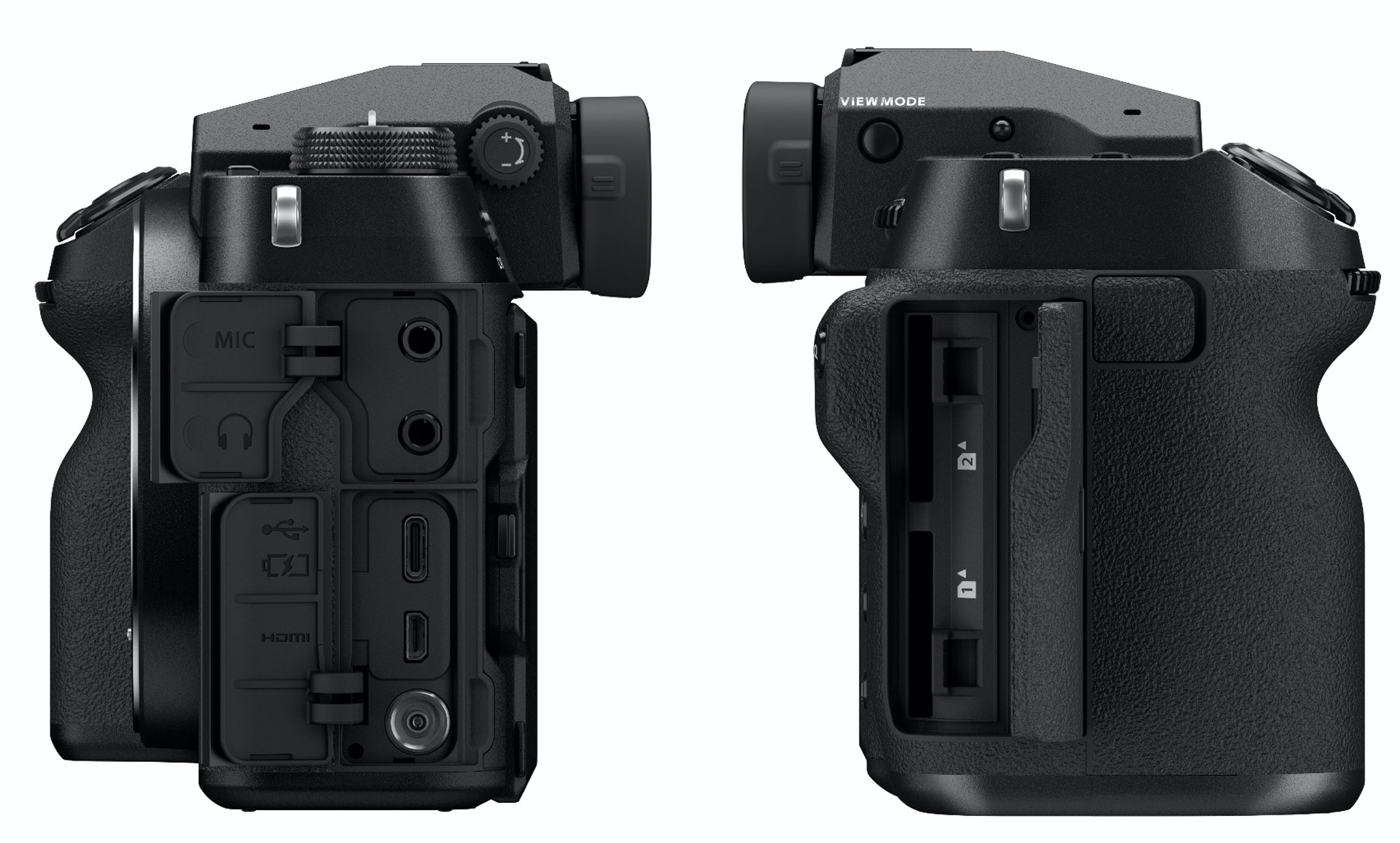 Die Anschlüsse der Fujifilm GFX100S Mittelformat Kamera an beiden Seiten
