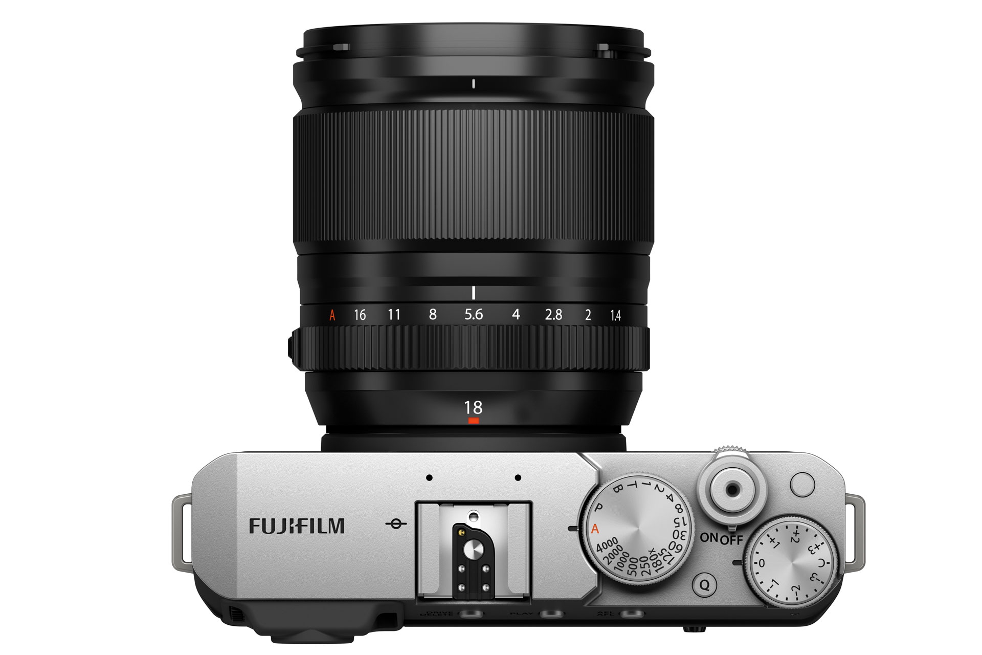 FUJINON XF18mmF1.4 R LM WR an einer Fujifilm X-E4 von oben gesehen mit weißem Hintergrund