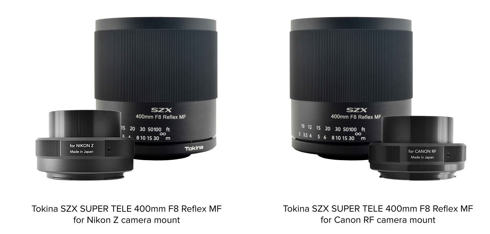 Tokina Teleobjektiv SZX SUPER TELE 400mm F8 Reflex MF für Nikon Z und Canon RF-Mount vor weißem Hintergrund