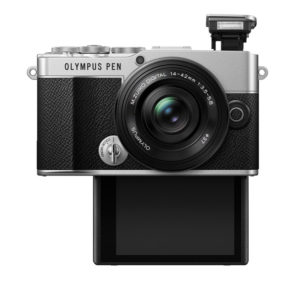 Olympus PEN E-P7 Vorderansicht mit heruntergeklapptem Display