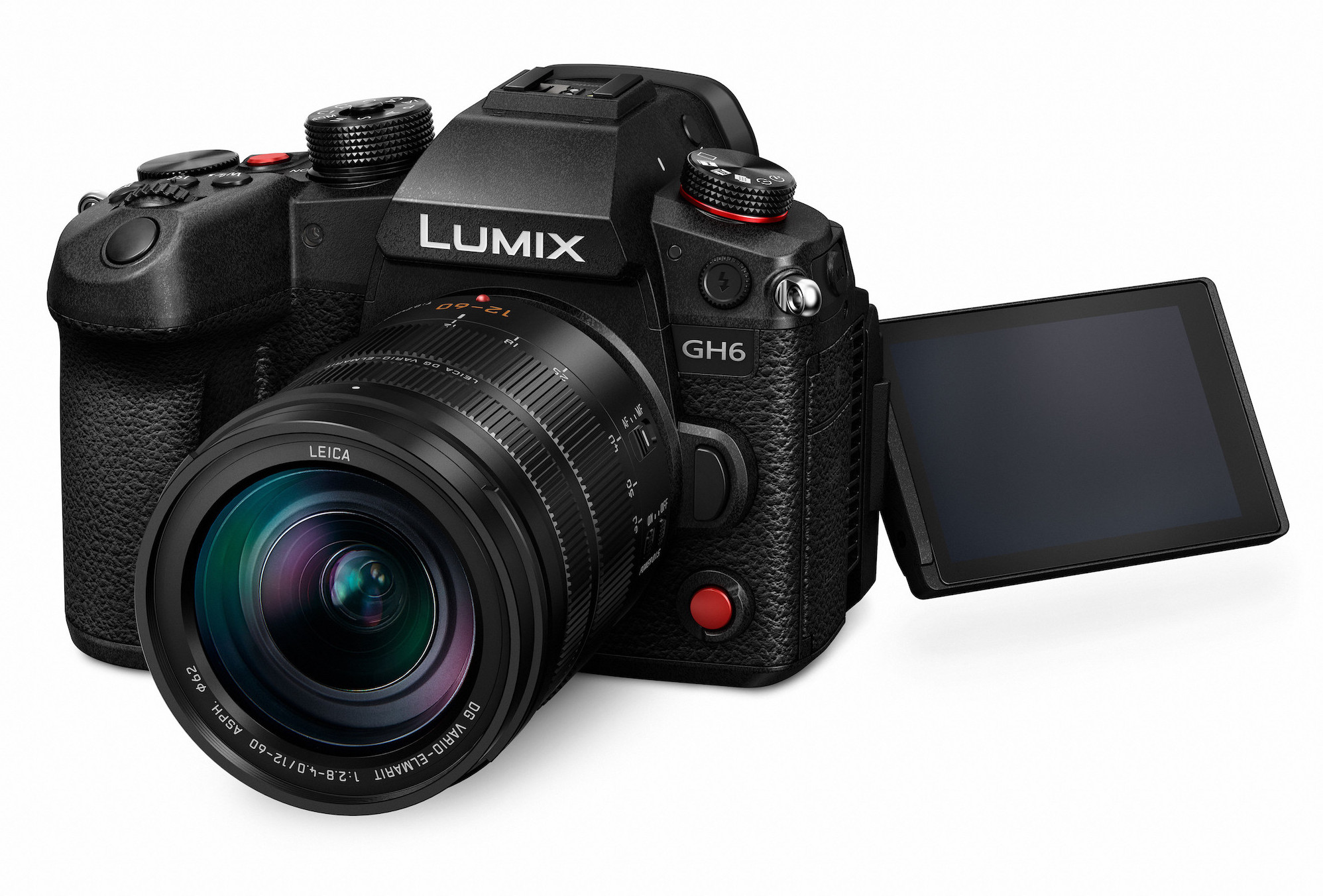 Kamera Panasonic Lumix GH6 vor weißem Hintergrund